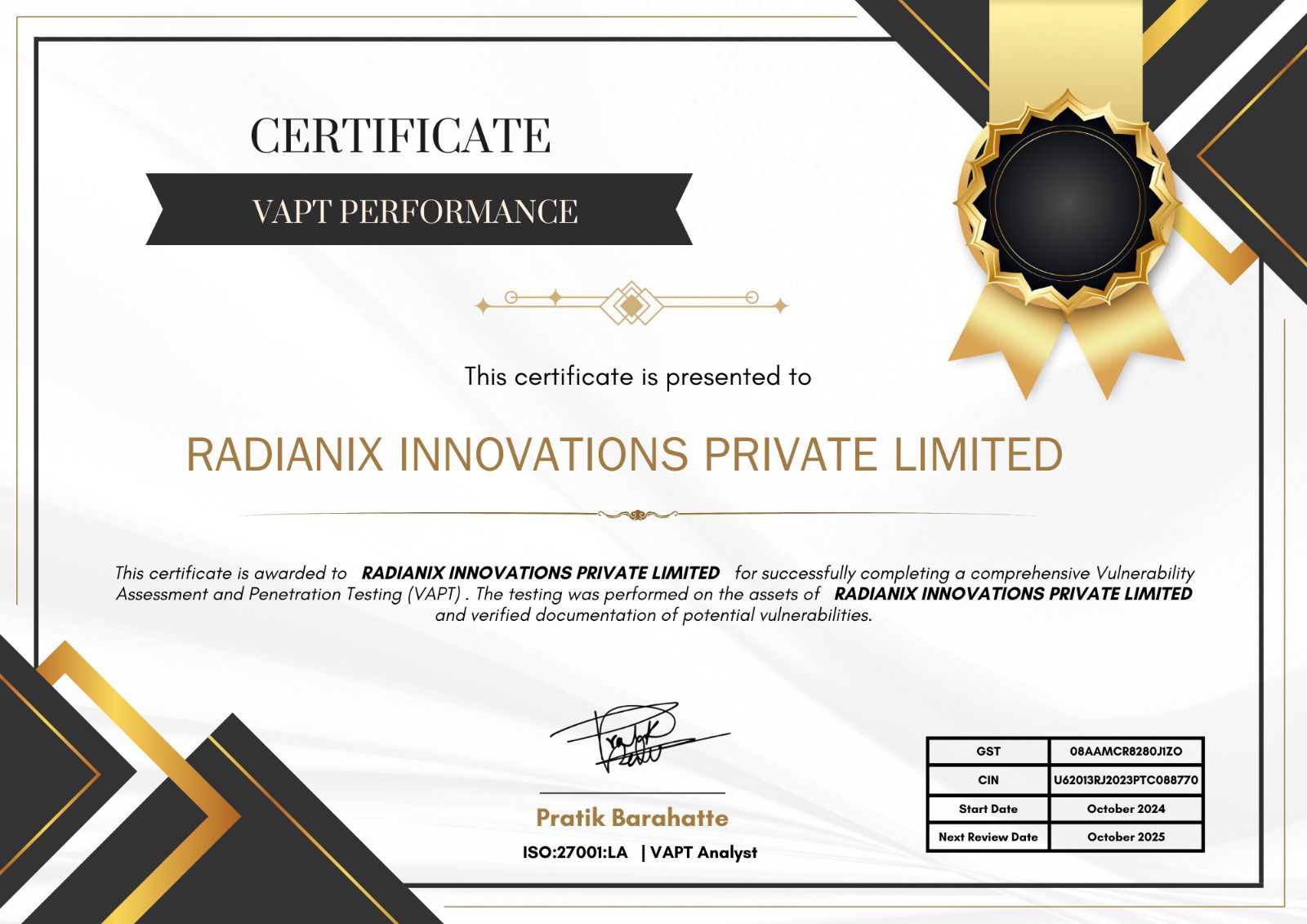 VAPT certificate issued to Radianix Innovations Private Limited